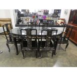 Oriental export black lacquer finish dining table and 6 chairs decorated with flowering lily pads