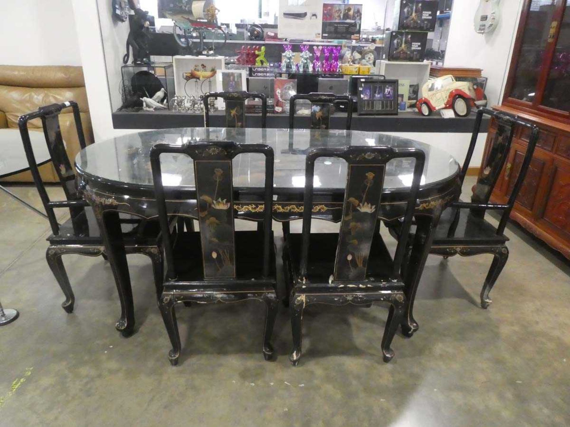 Oriental export black lacquer finish dining table and 6 chairs decorated with flowering lily pads