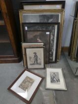 Stack of various engravings including portraits, comical scenes, equestrian studies etc