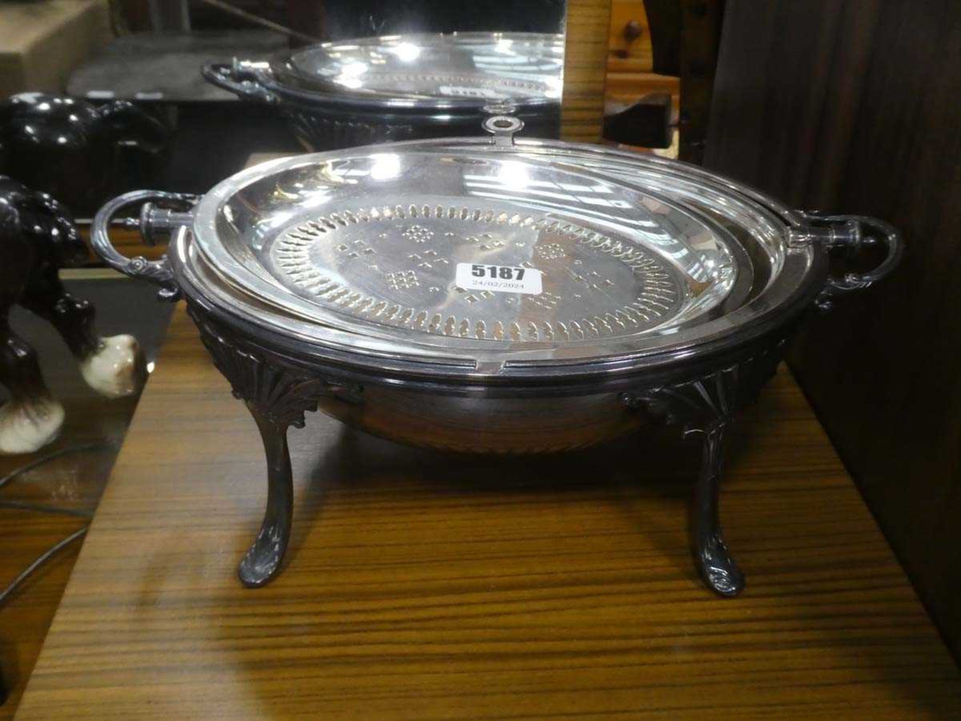 Silver plated roll top baking dish plus a figure of a cart horse