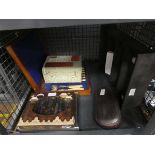 Cage containing a small display stand, chinese ornaments, fish knife and fork set plus a pedicure