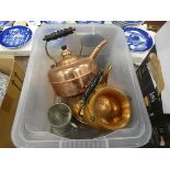 Box containing 2 copper kettles plus a pot and pewter mug