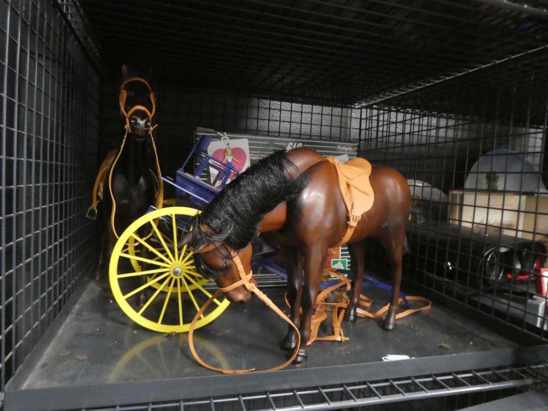 Cage containing 2 Cindy horses plus harness and a cart