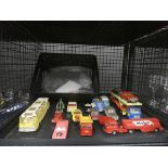 Cage containing play worn die cast coaches and cars