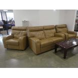 Toffee coloured leather finish 2 seater sofa and a pair of matching armchairs