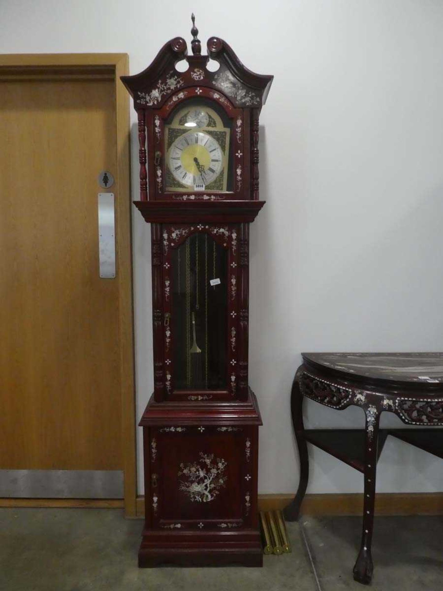 Oriental export mother of pearl and redwood long case clock