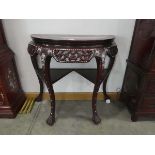 Oriental export marble topped mother of pearl inlaid redwood console table