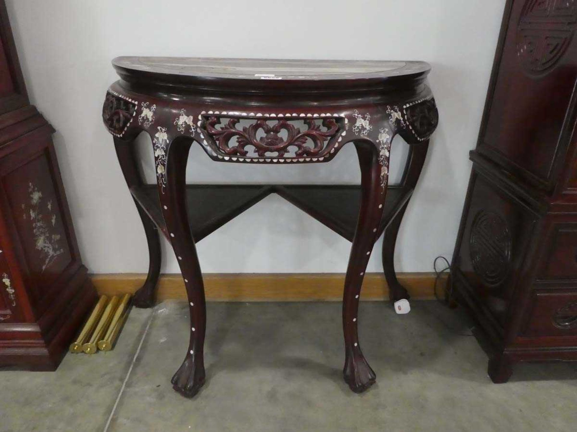 Oriental export marble topped mother of pearl inlaid redwood console table
