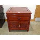 Oriental export redwood lamp table with single drawer and 2 doors