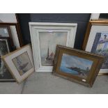 3 paintings including a windmill scene and 2 coastal scenes