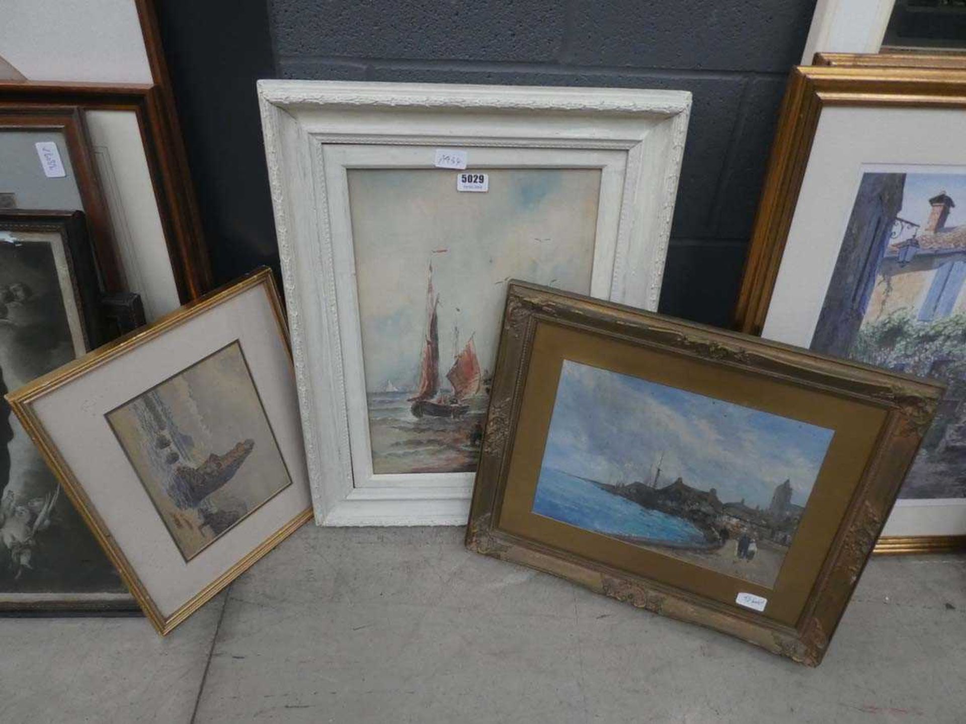 3 paintings including a windmill scene and 2 coastal scenes