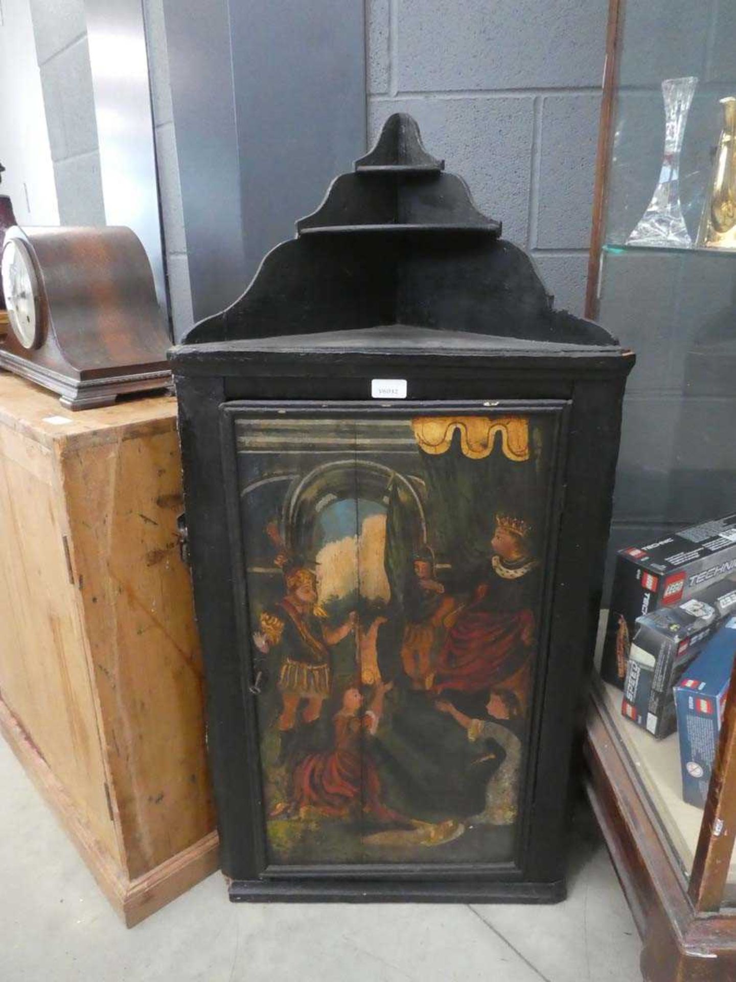 Ebonised corner cabinet painted with a court scene