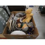 Box containing a teddy bear, money bank, Bosson figures plus ashtrays, beer stein, general