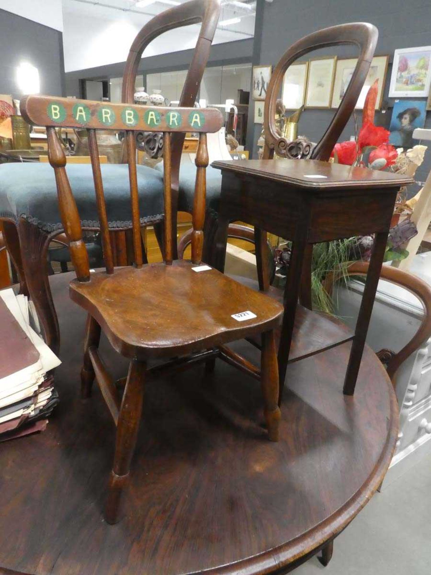 Childs elm seated chair plus an oak sewing box