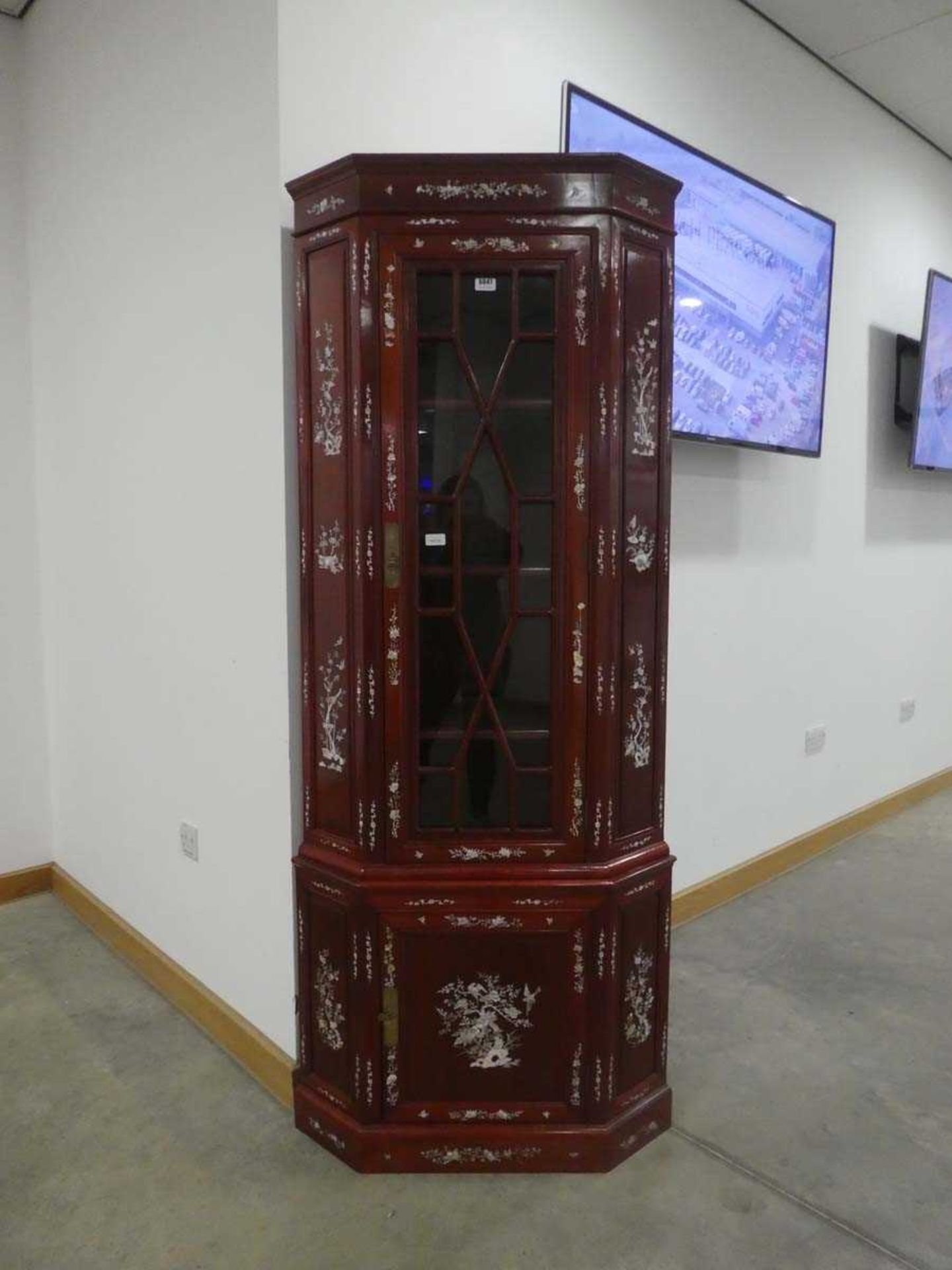 Oriental export mother of pearl inlaid redwood glazed corner display cabinet