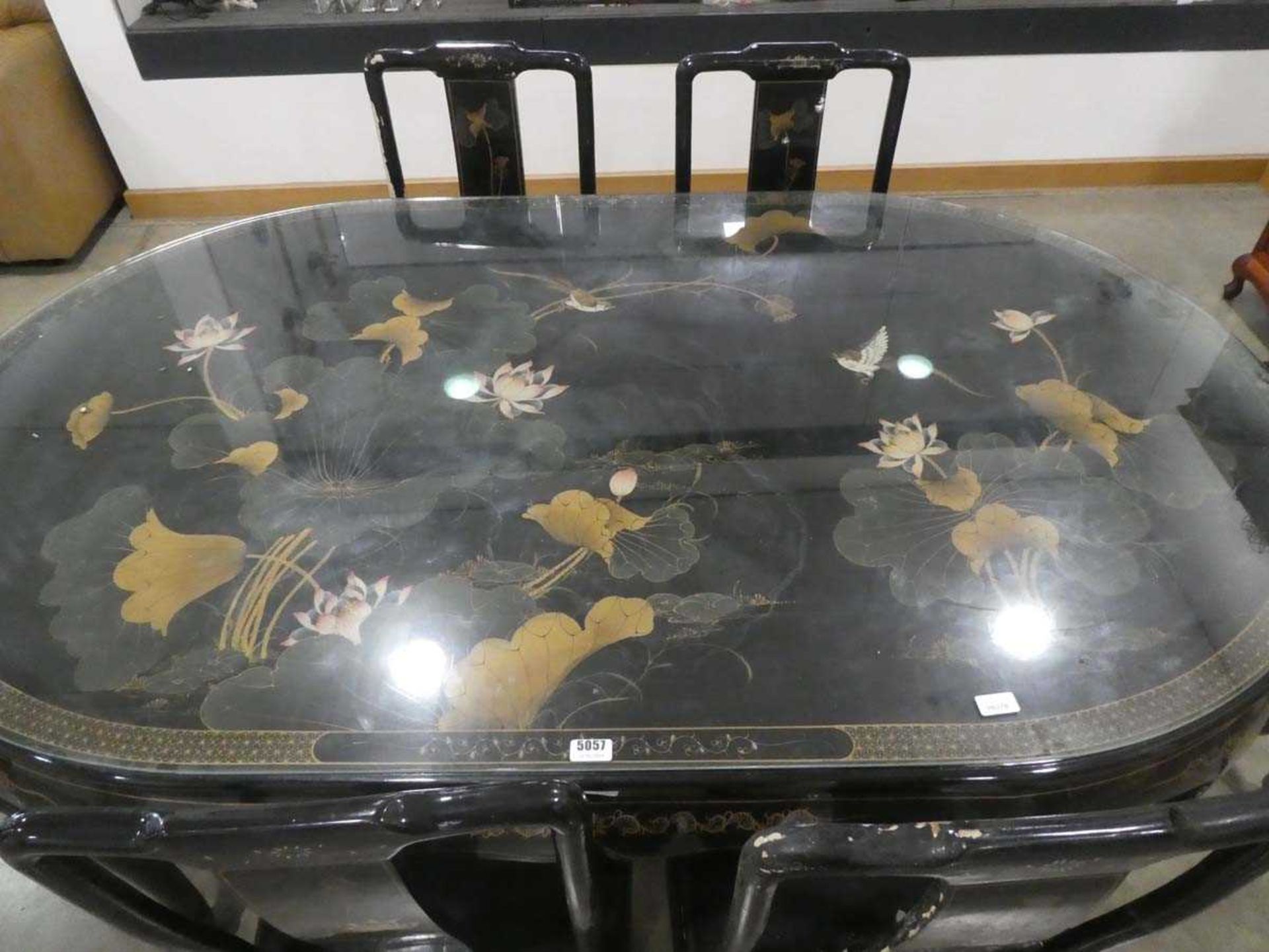 Oriental export black lacquer finish dining table and 6 chairs decorated with flowering lily pads - Image 2 of 2