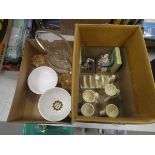 2 boxes containing Wallace and Gromit book ends, Lurpak egg cups and toast rack plus glassware and