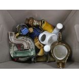 Box containing lusterware jugs, branded teapots, shaving mug etc