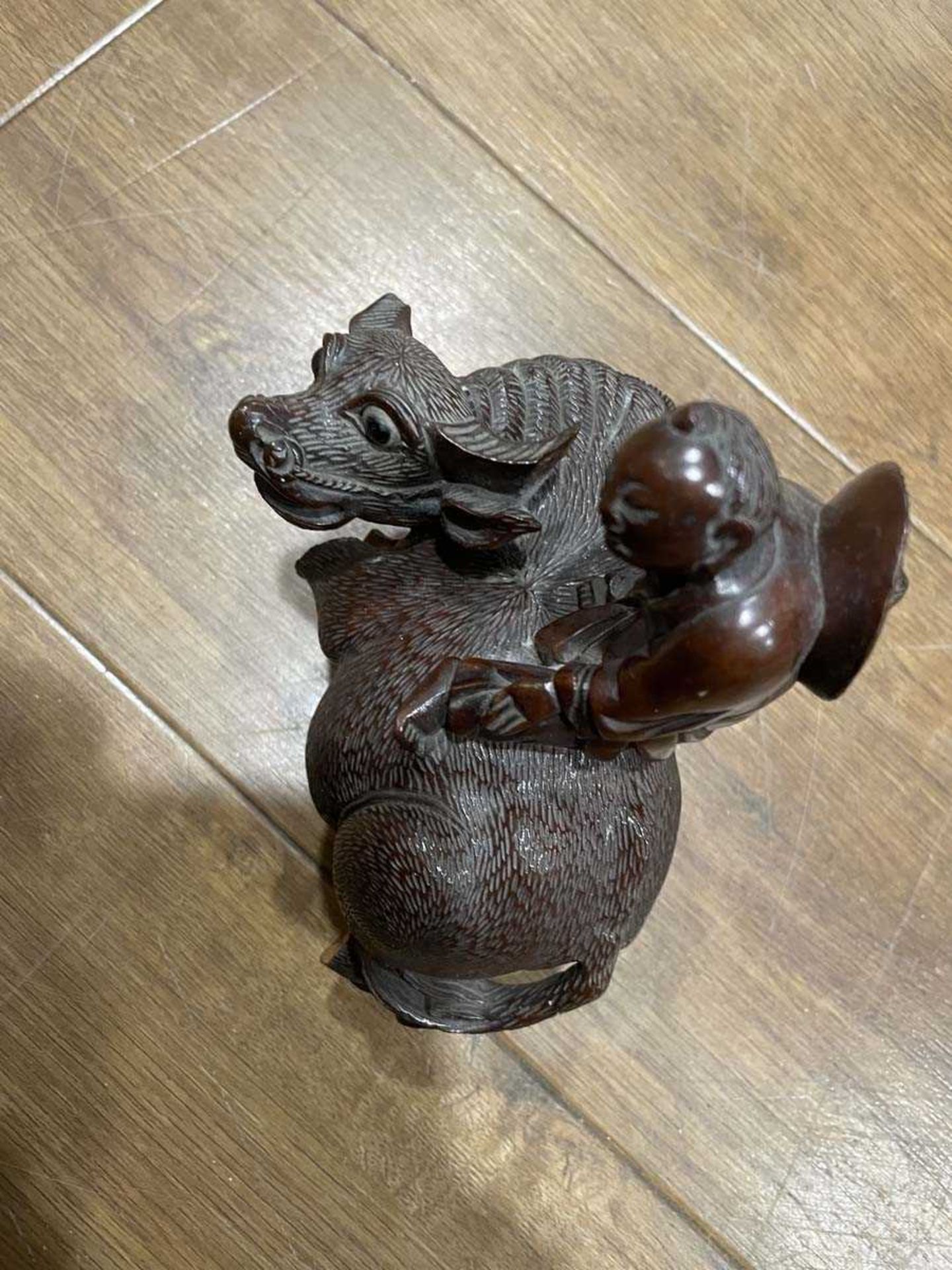 A Chinese carved hardwood figure modelled as a water buffalo and its riders, h. 17.5 cm, together - Image 11 of 27