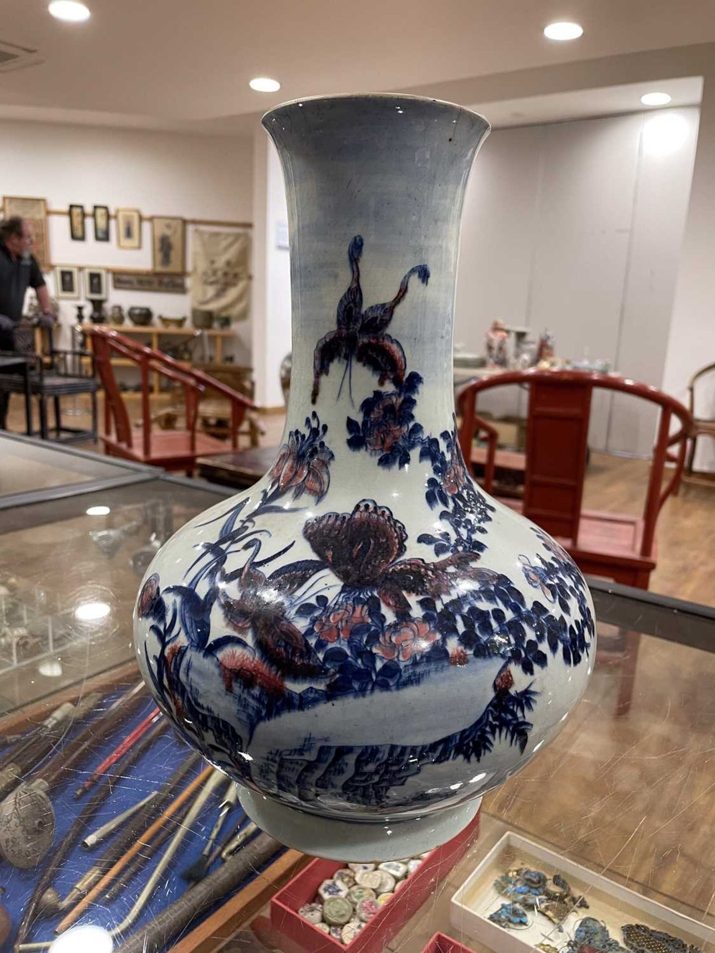 A Chinese baluster vase decorated with dragons and blossoming branches on a pale blue ground, h. - Image 9 of 32