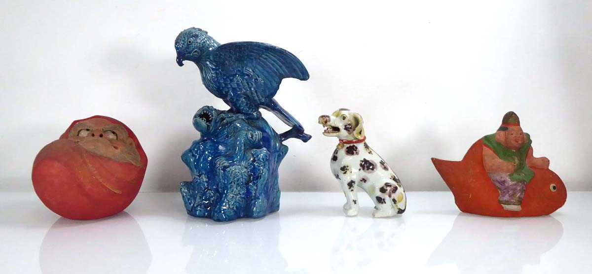 A Chinese figure modelled as a seated parrot, decorated in a plain kingfisher blue glaze, h. 25 - Image 3 of 4