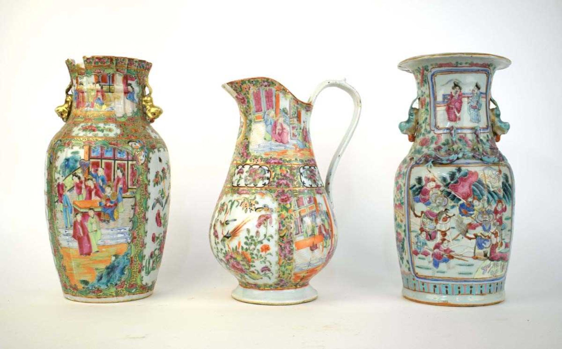 A Cantonese water jug, typically decorated in coloured enamels with traditional figures, insects and