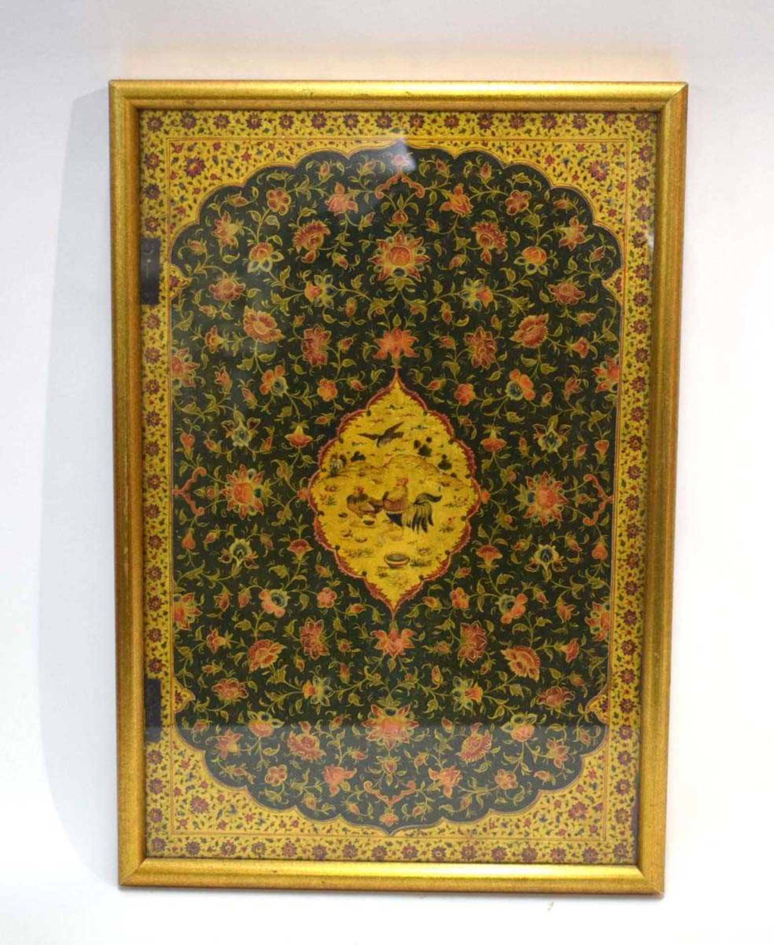 An Iranian book cover, gilt decorated with a cockerel and hen within a foliate ground, 40 x 27 cm, - Bild 6 aus 17