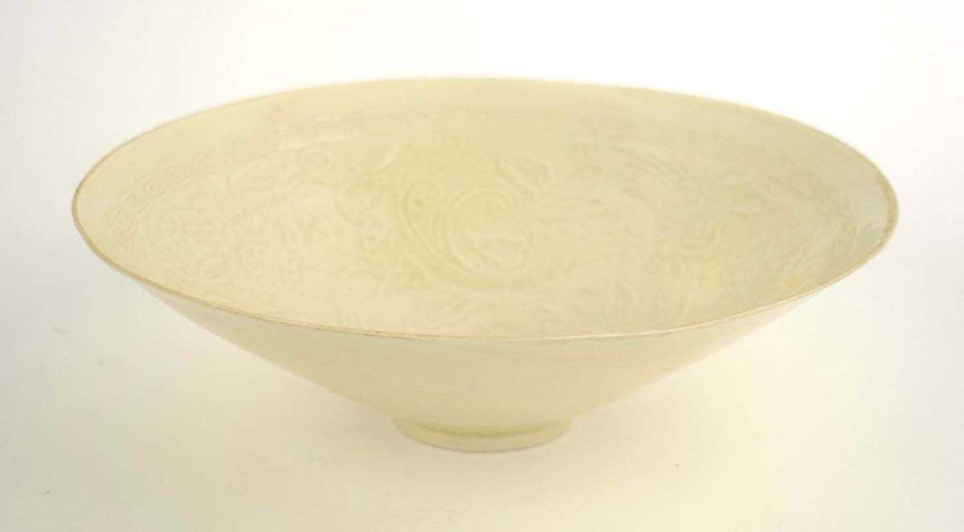 A Chinese celadon bowl of flared circular form, relief decorated with ho ho birds within a key - Image 2 of 17