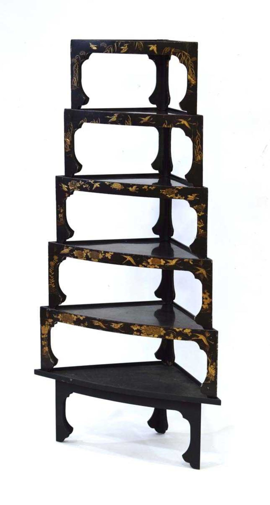 A nest of five Japanese black lacquered corner stands of slightly bowed form, each gilt decorated - Image 2 of 6