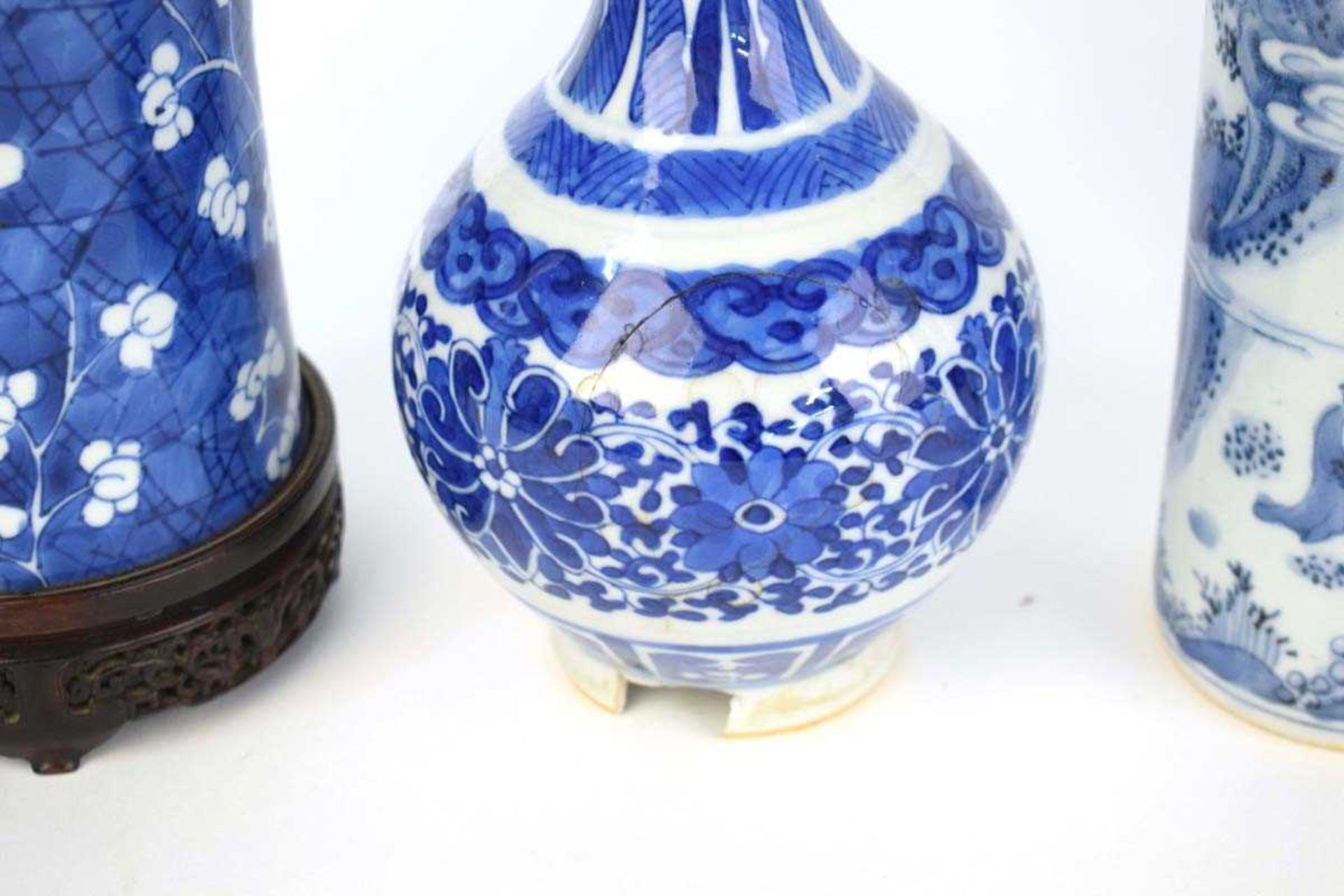 A Chinese blue and white blossom pattern brush pot of cylindrical form on a fixed hardwood base, - Image 2 of 54