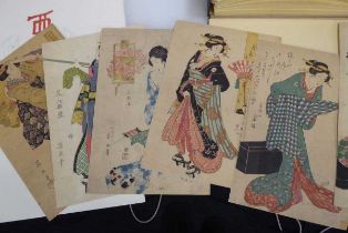 Twelve reproduction Japanese woodblock prints depicting female beauties, from the Birmingham Free