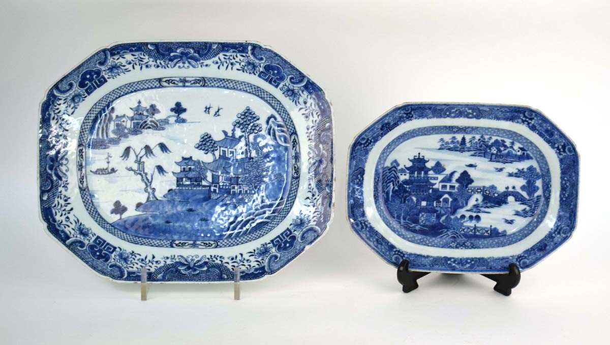 A Chinese blue and white willow pattern charger of typical form, w. 40.5 cm, together with a similar