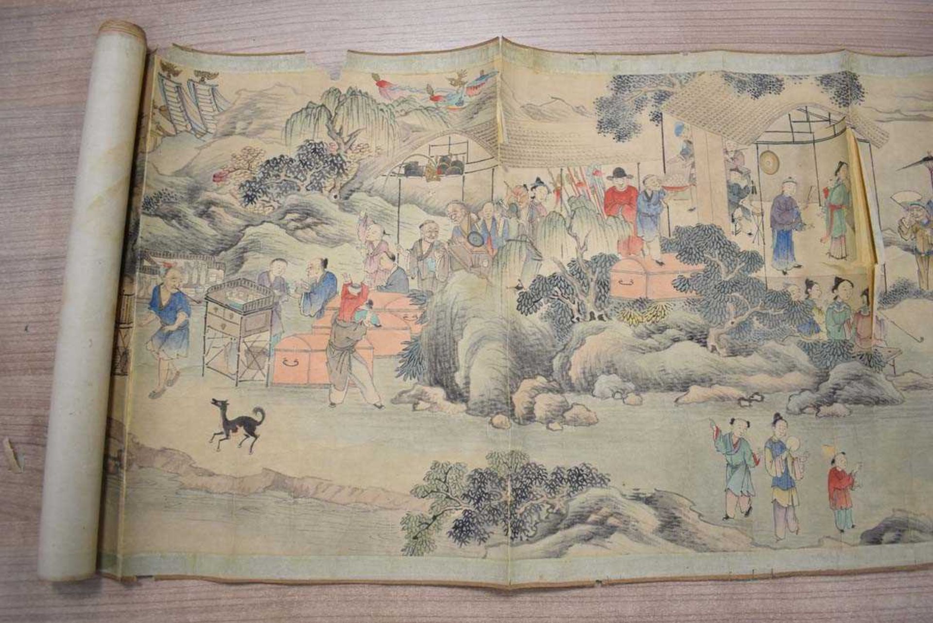 A Chinese scroll decorated with an extensive landscape, approx. 240 x 31cm, together with gilt - Image 5 of 15