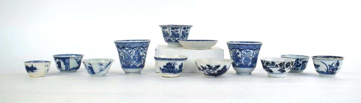 Twelve 18th century and later Chinese blue and tea bowls, cups etc., including a pair of cups