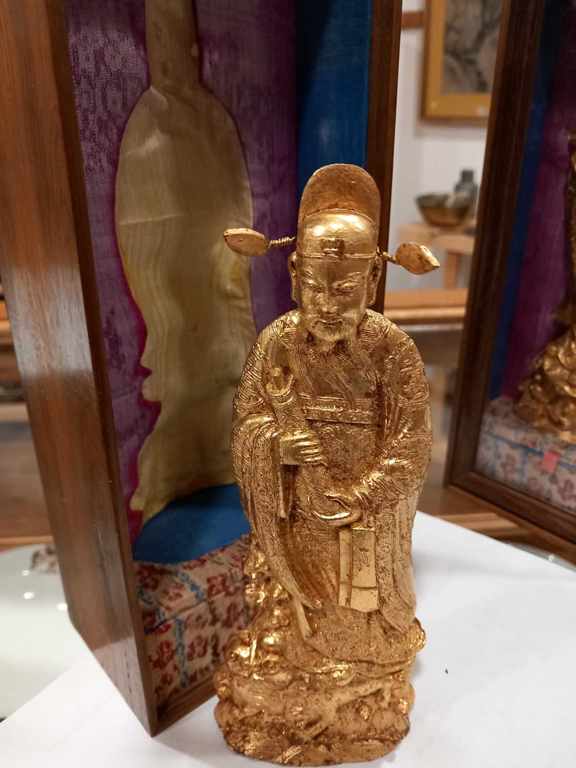 A pair of Chinese gilt decorated cast metal figures, each modelled as a scholar and contained in a - Image 9 of 11