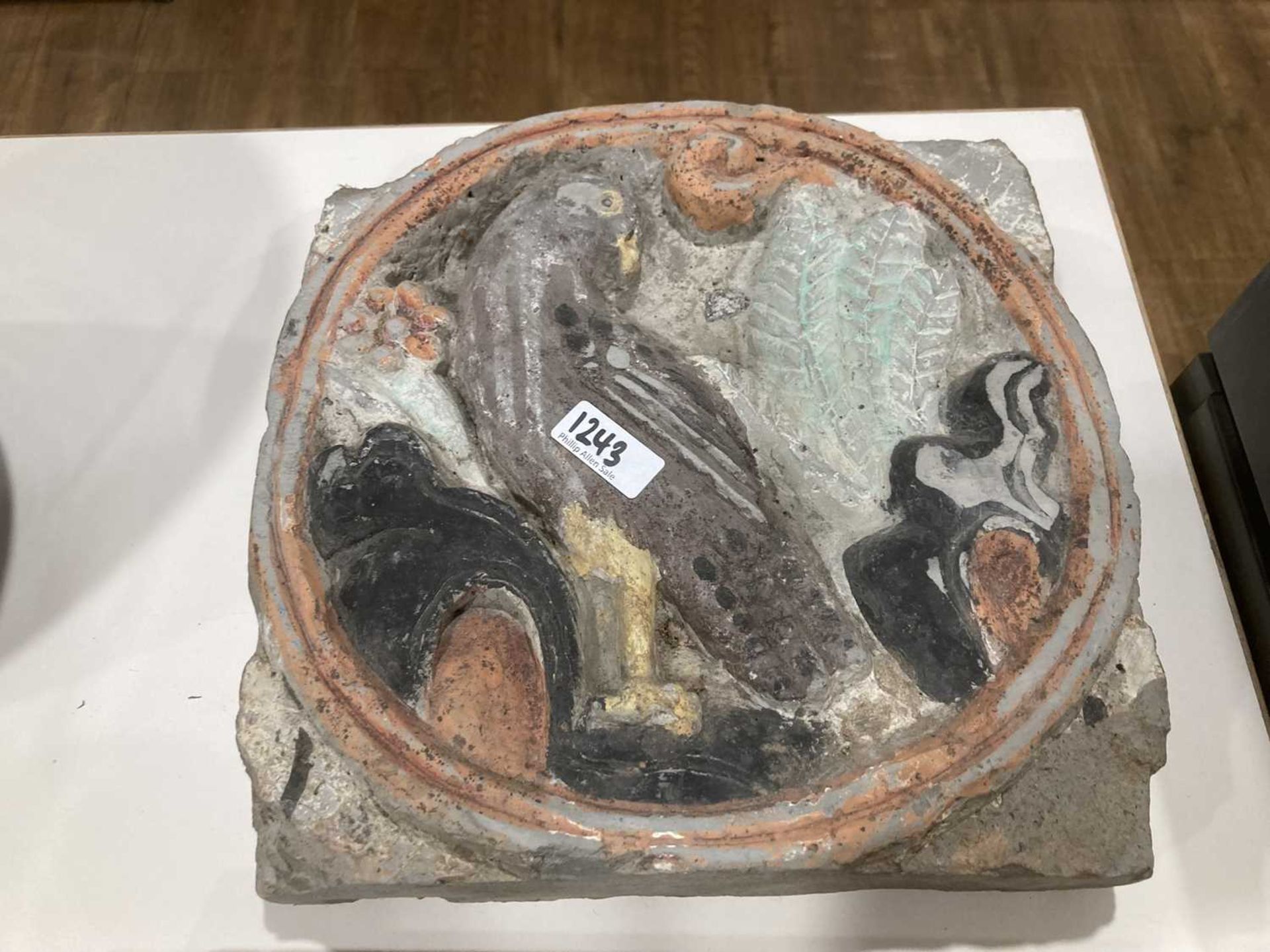 A painted stoneware tile decorated with a figure in meditation, framed and glazed, overall 35.5 x 40 - Bild 22 aus 34