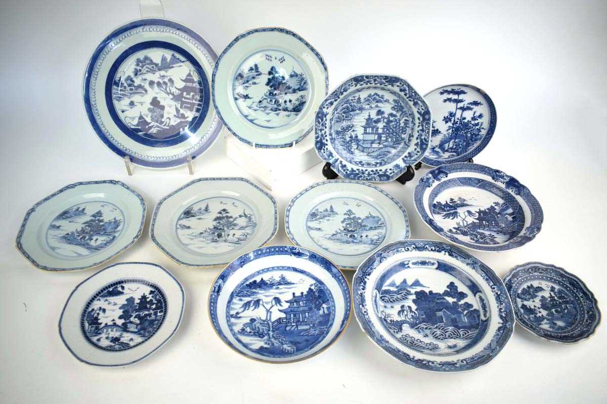 A set of four Chinese blue and white side plates, each decorated with a pine tree landscape by a - Image 2 of 2