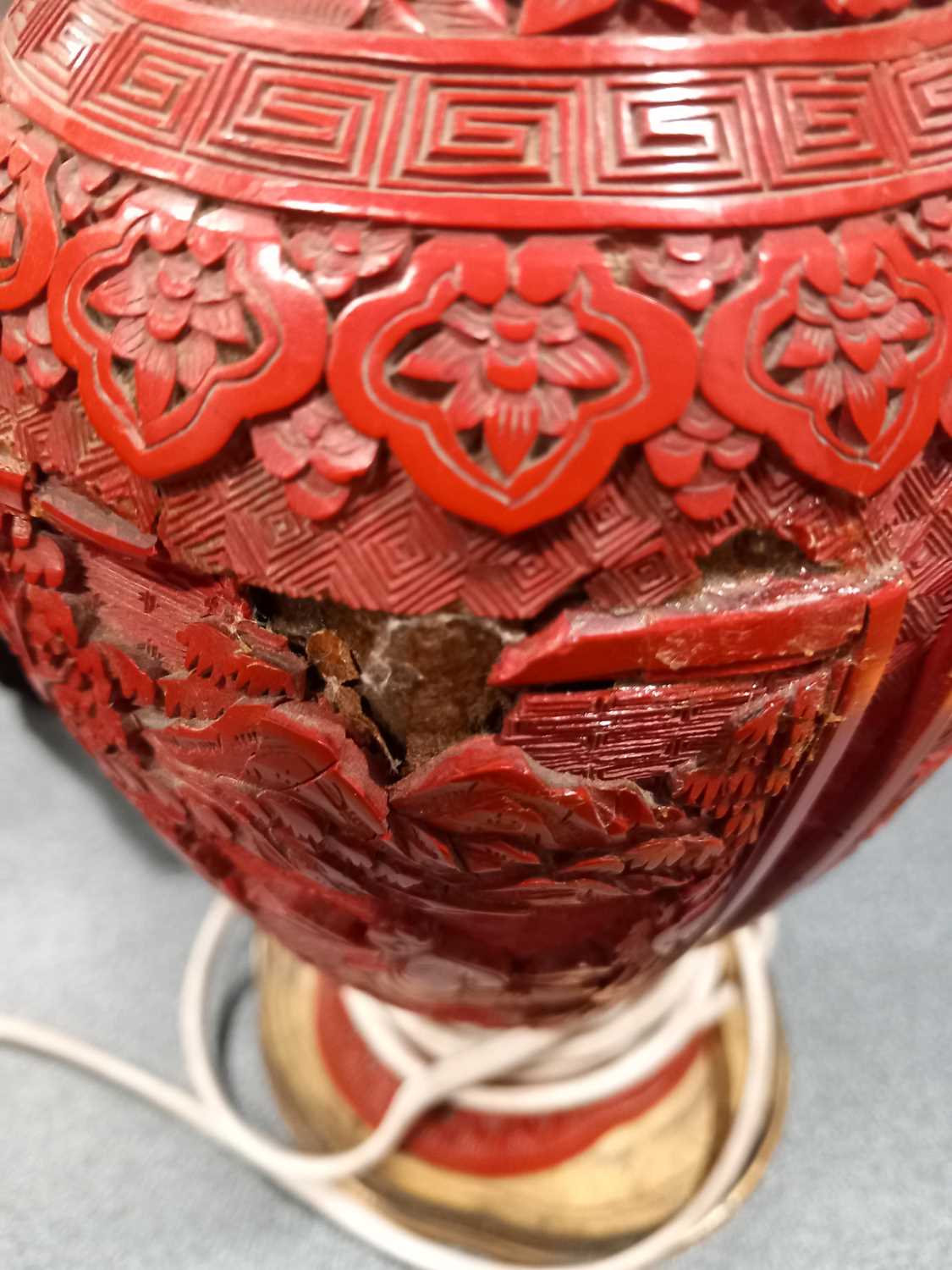 A Chinese cinnabar lacquer-type table lamp base, typically decorated with traditional landscapes and - Image 6 of 15