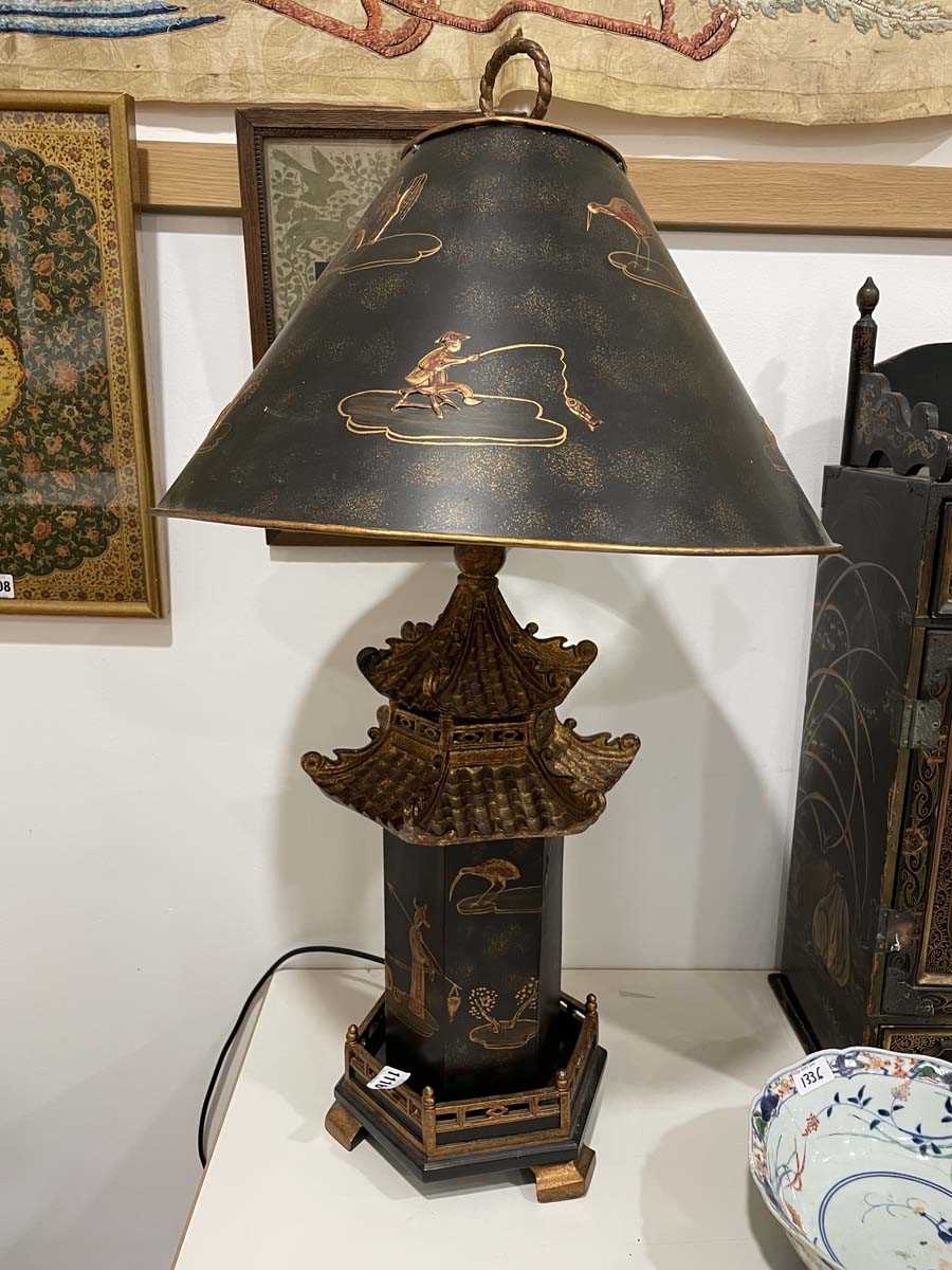 A pair of late 20th century chinoiserie table lamps, the black shades with gilded relief detail over - Image 2 of 17