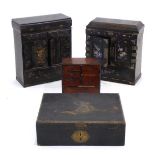 A group of Oriental and chinoiserie lacquered boxes including two table-top cabinets, a lift-lid box