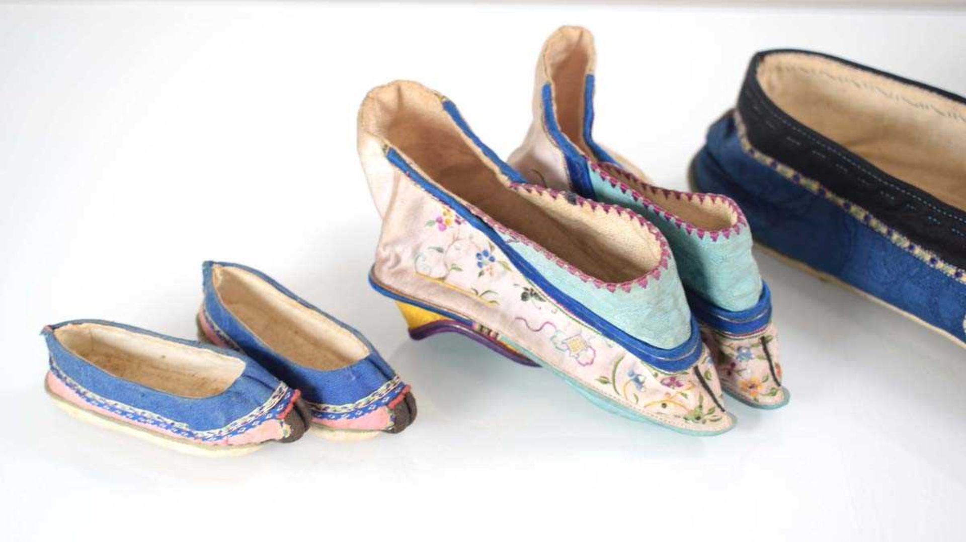 A pair of Chinese embroidered silk 'lotus' shoes, l. 11.5 cm, two further pairs of shoes and a - Image 2 of 14