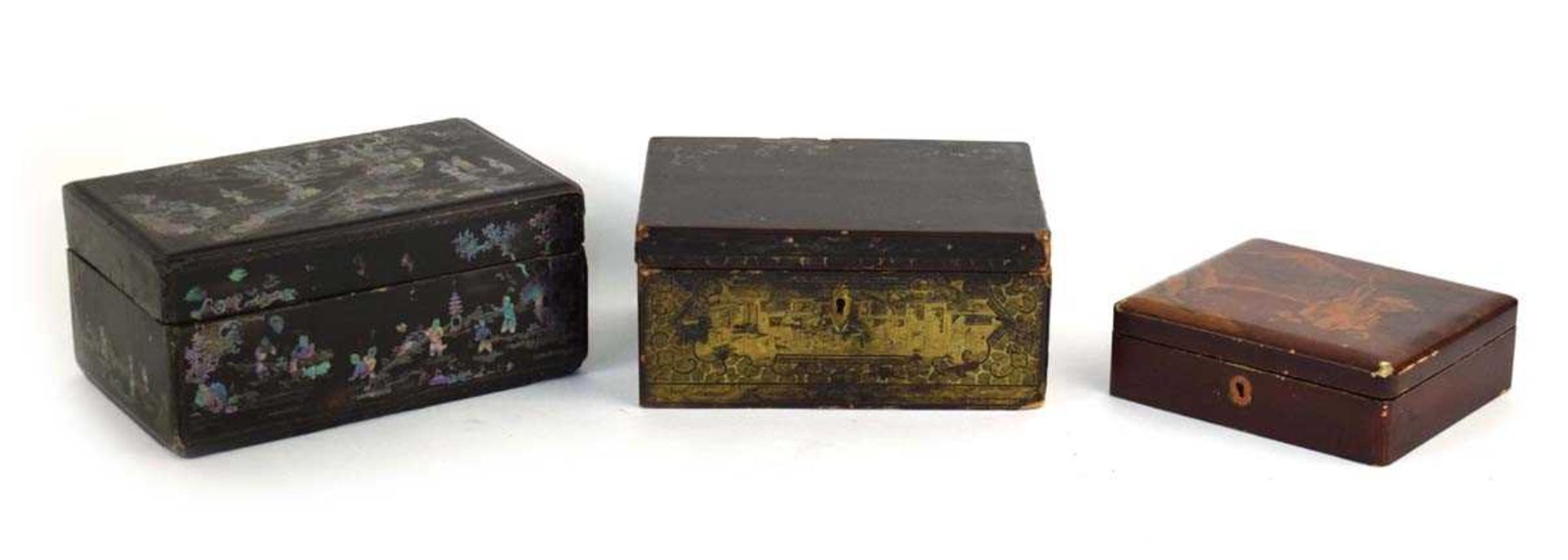 A Chinese Export lacquer work and pewter mounted caddy of rectangular form, w. 23 cm, d. 16.5 cm, h.