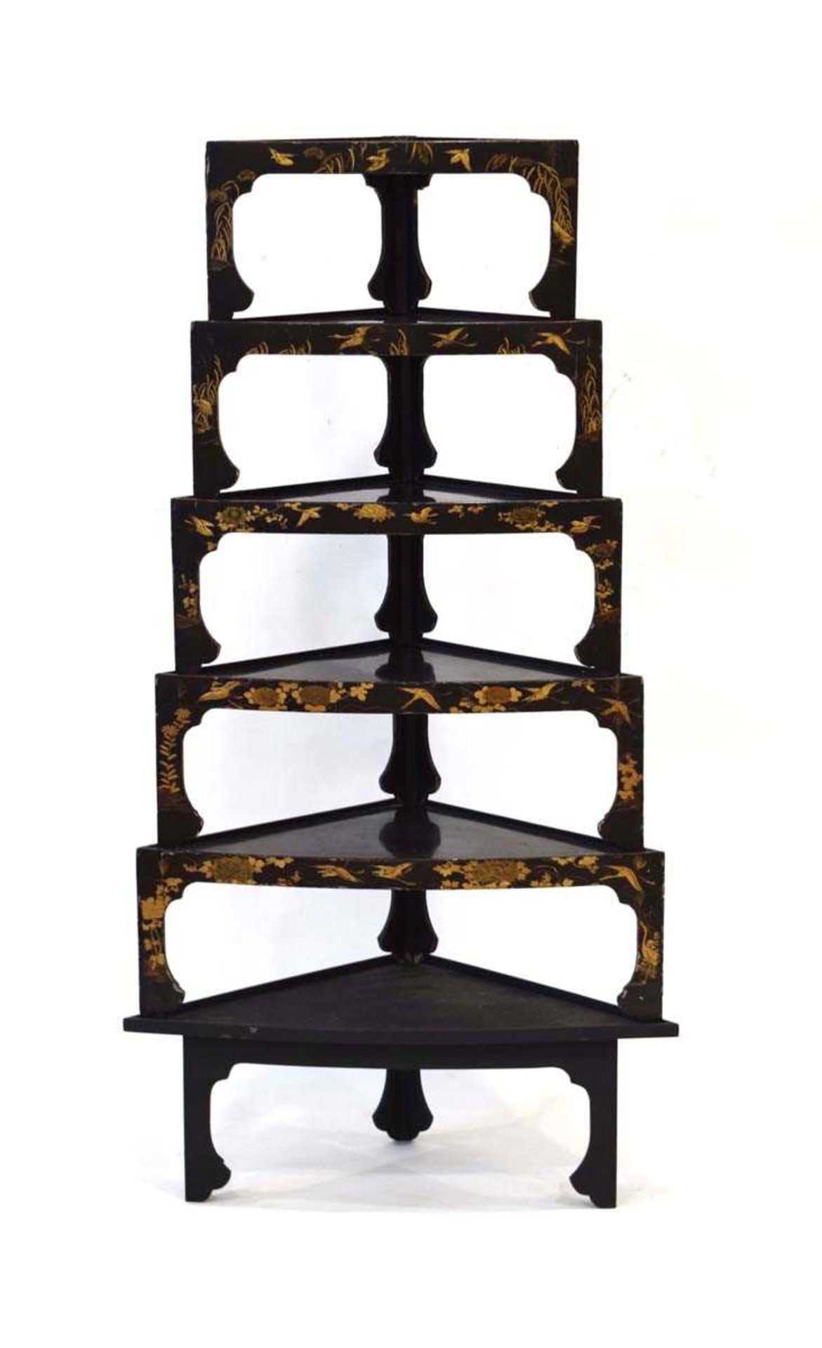 A nest of five Japanese black lacquered corner stands of slightly bowed form, each gilt decorated - Image 3 of 6