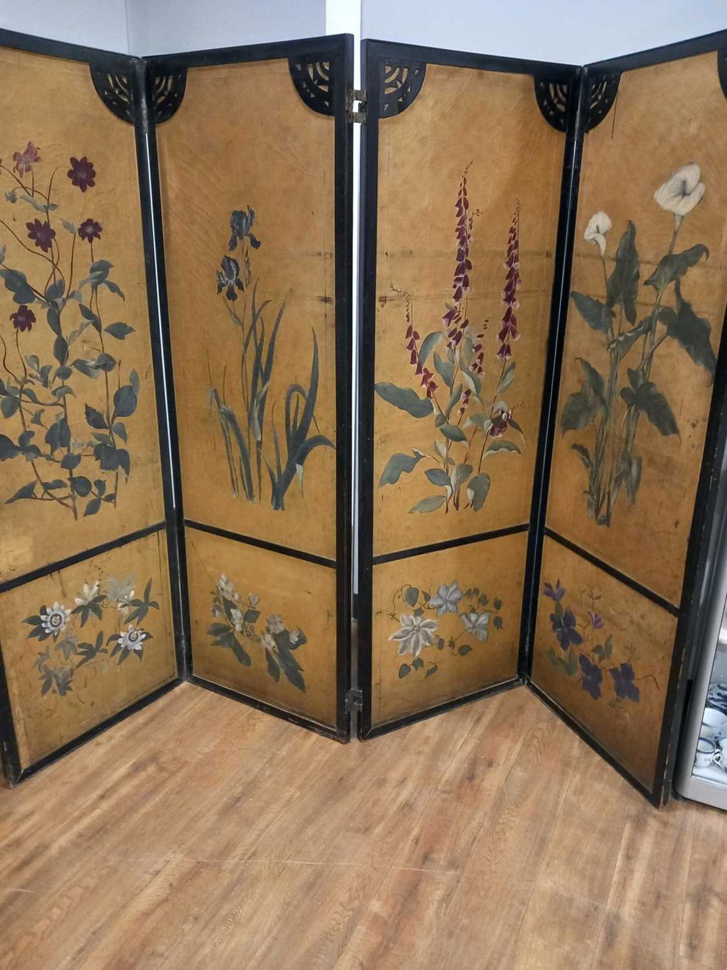 A Japanese four section screen, each panel gilt decorated with floral sprays within a black - Image 16 of 21