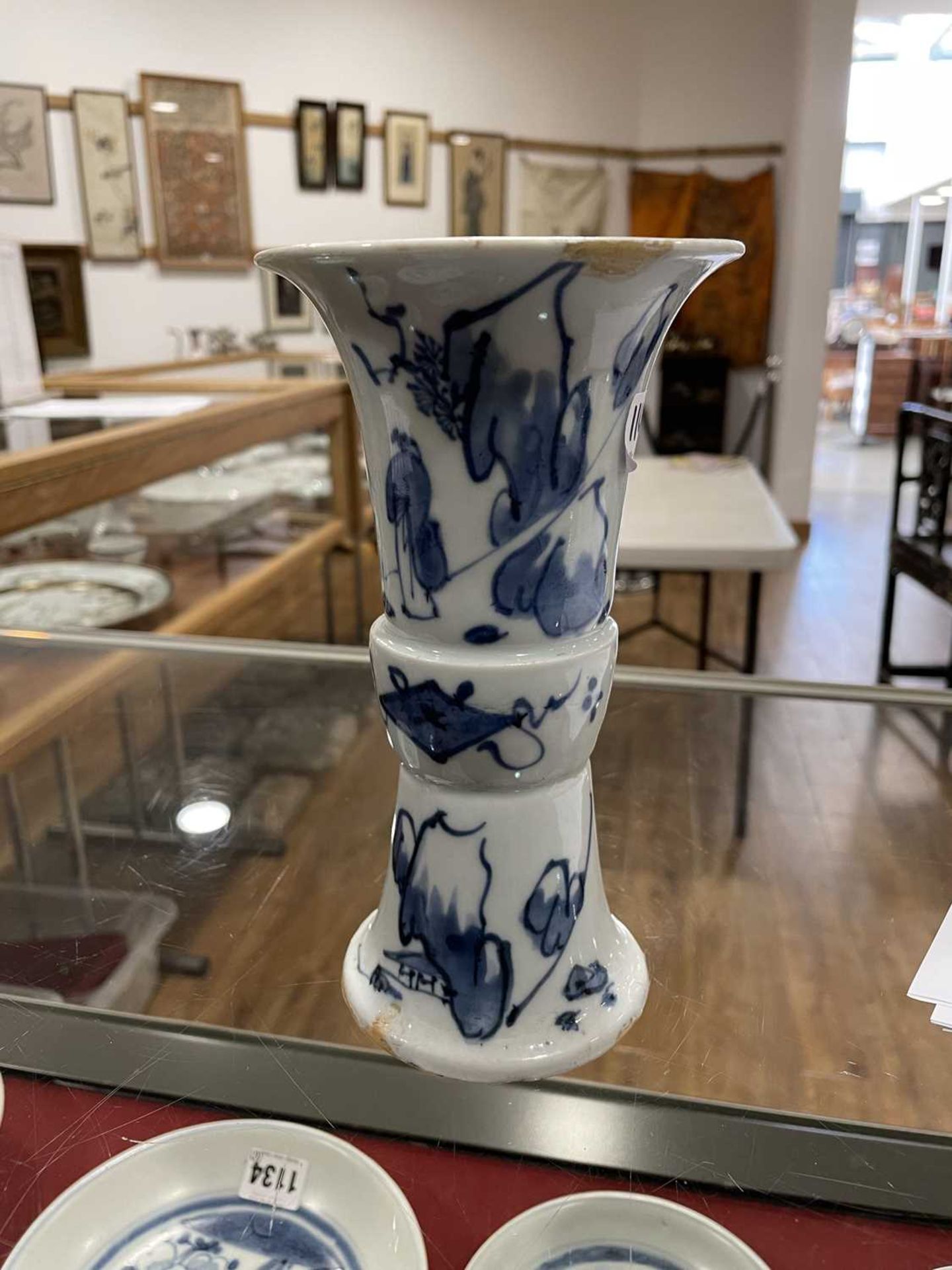 A Chinese blue and white blossom pattern brush pot of cylindrical form on a fixed hardwood base, - Image 39 of 54