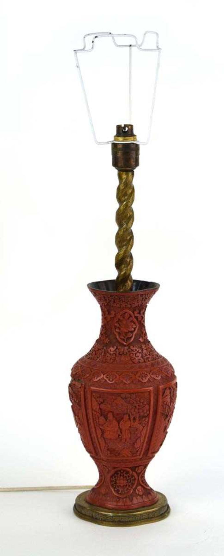 A Chinese cinnabar lacquer-type table lamp base, typically decorated with traditional landscapes and