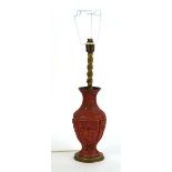 A Chinese cinnabar lacquer-type table lamp base, typically decorated with traditional landscapes and