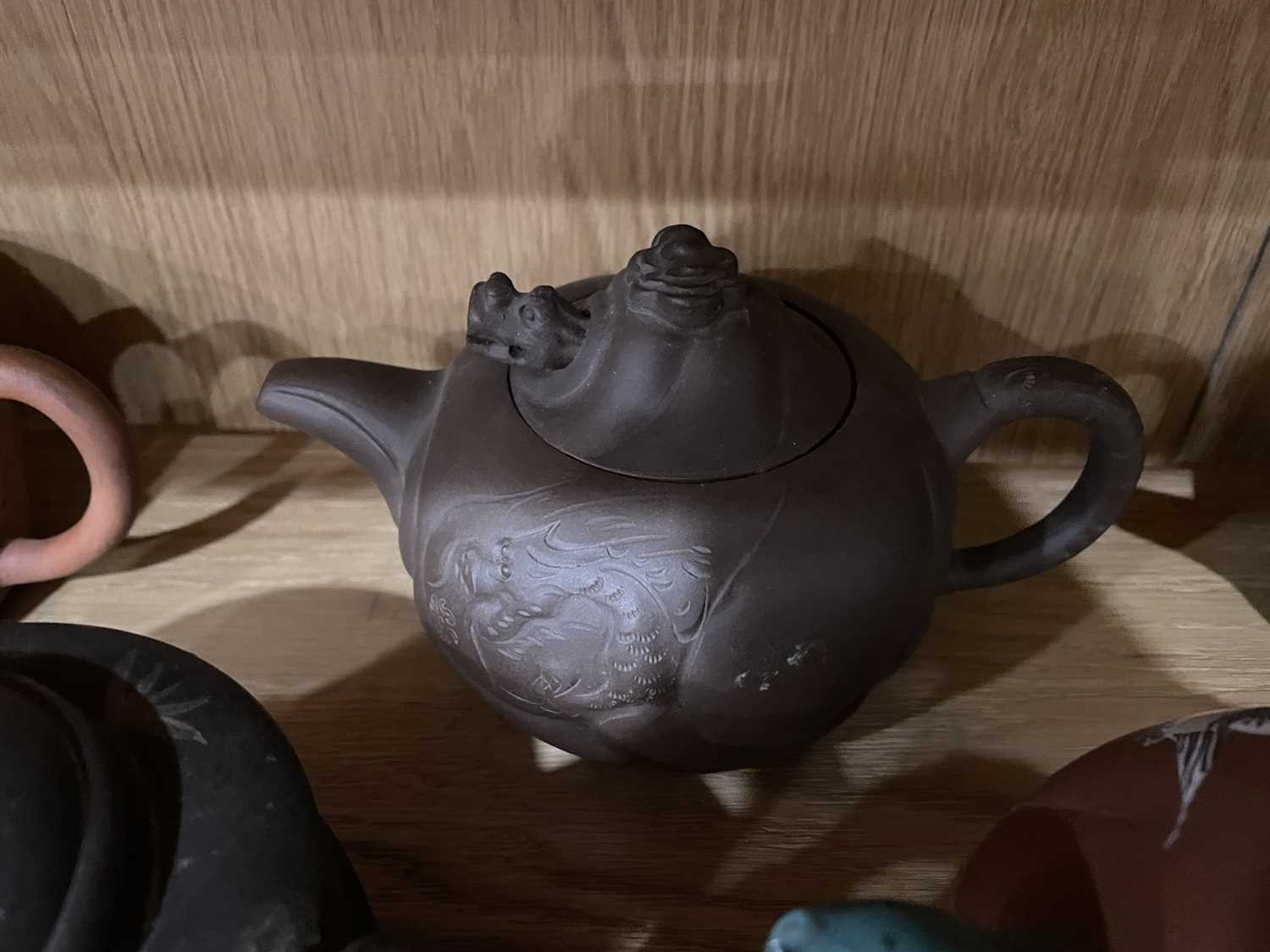 Thirteen Yixing teapots including a double chamber example, h. 10 cm, w. 21 cm, d. 8 cm, various - Image 15 of 18