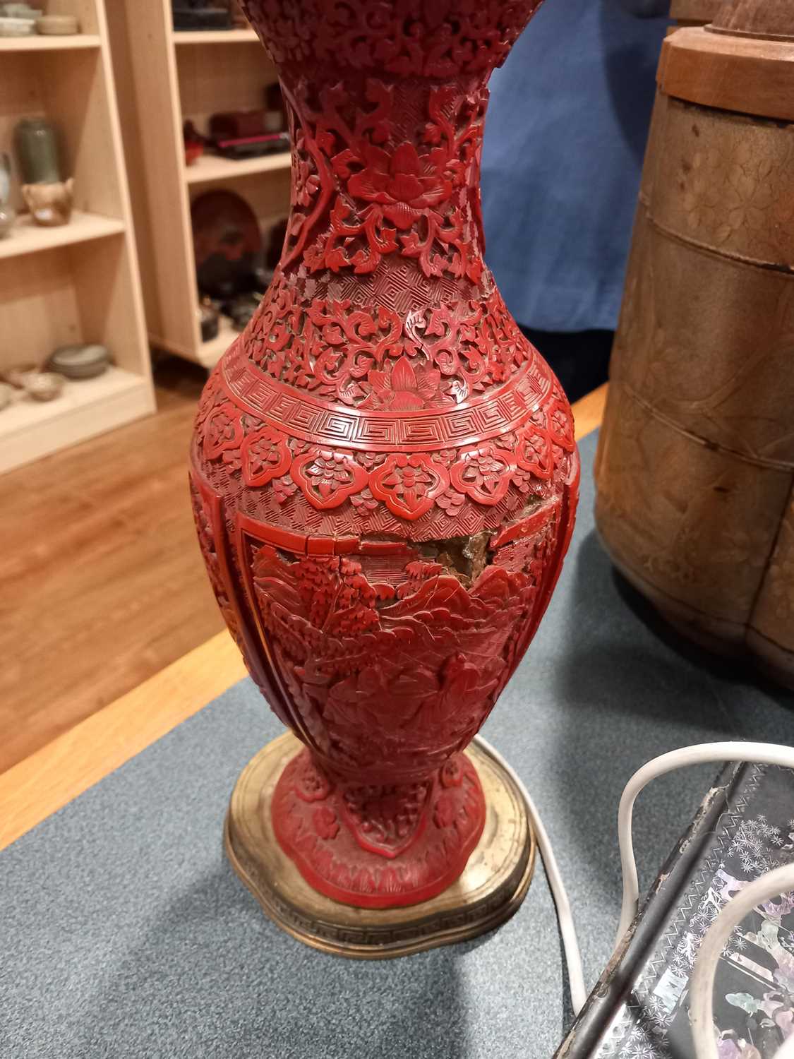 A Chinese cinnabar lacquer-type table lamp base, typically decorated with traditional landscapes and - Image 13 of 15