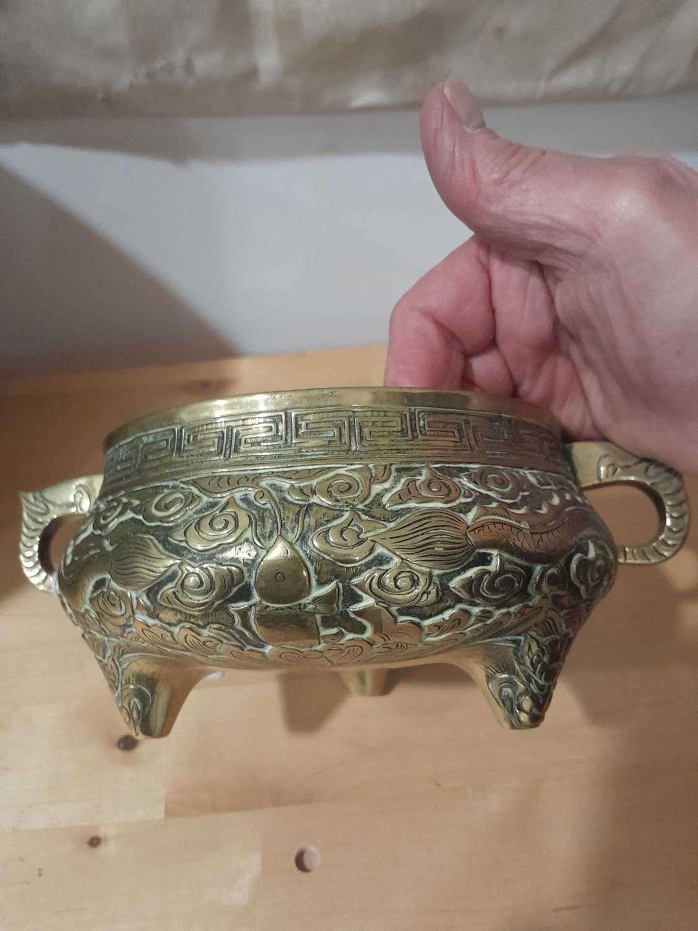 A 19th century Chinese bronze two handled censer relief decorated with stylised dragons on three - Image 13 of 15